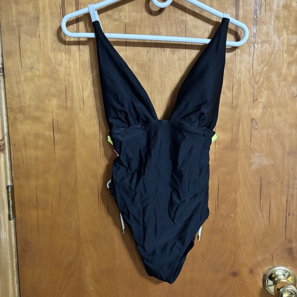 No Boundaries Women One-Piece Swimsuit Black/Neon Rainbow Laces Medium